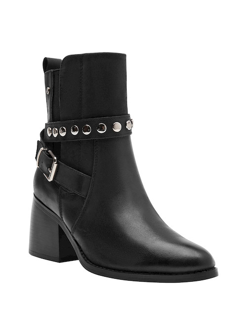 Botín negro de cuero con diseño sofisticado, perfecto para combinar con vestidos cortos o jeans ajustados.