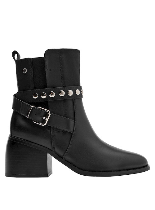 Botín negro de cuero con diseño sofisticado, perfecto para combinar con vestidos cortos o jeans ajustados.