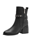 Botín negro de cuero para mujer, estilo casual con punta puntiaguda y taco bloque de 7 cm.