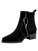 Botín negro de mujer en cuero de gamuza con detalles de strass para un look casual elegante.