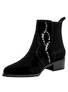 Botín negro de mujer en cuero de gamuza con detalles de strass para un look casual elegante.