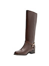 Bota de cuero café para mujer, estilo casual, ideal para combinar con vestidos o jeans.