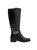 Bota de mujer en cuero negro, acabado liso y detalles en textura que realzan la sofisticación.