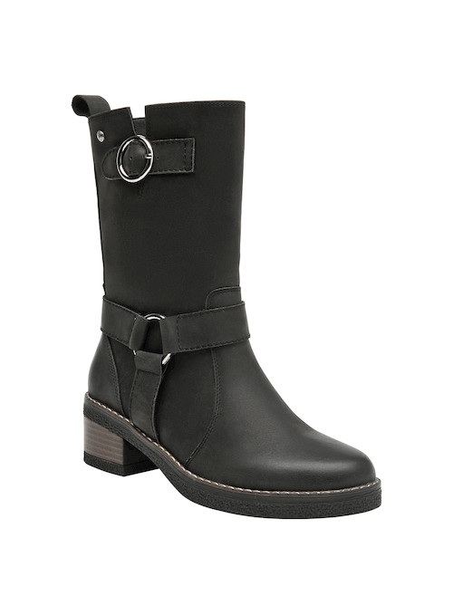 Bota negra de cuero para mujer, tacón cómodo y diseño que aporta seguridad y elegancia.