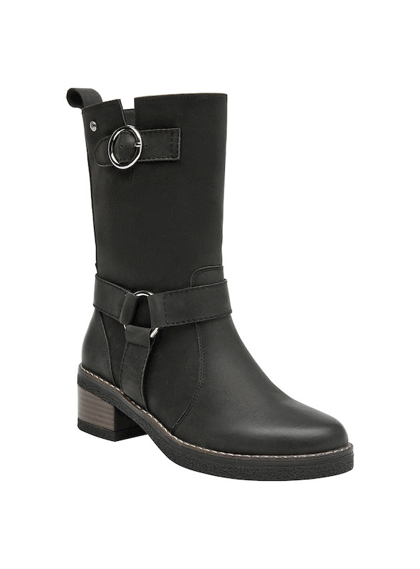 Bota negra de cuero para mujer, tacón cómodo y diseño que aporta seguridad y elegancia.