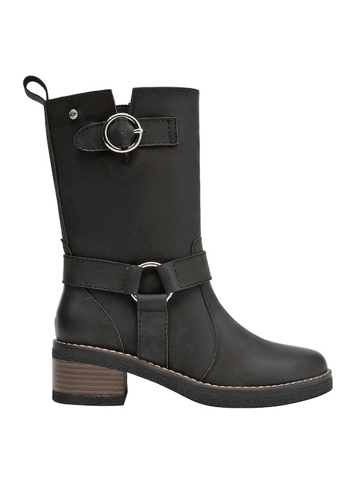 Bota negra de cuero para mujer, tacón cómodo y diseño que aporta seguridad y elegancia.