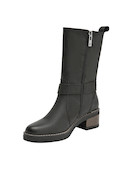 Bota de cuero negro para mujer, estilo casual, con tacón bloque de 5 cm y cintillo decorativo.