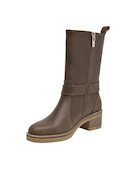 Botas de cuero moras para mujer con punta redonda y taco bloque de 5 cm, estilo casual.