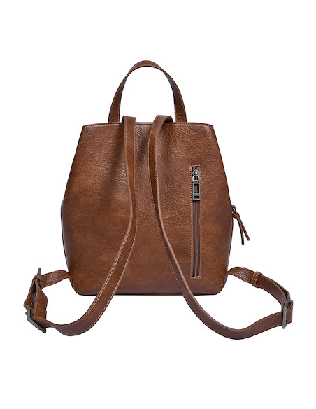 Exterior de la mochila camel mostrando su diseño contemporáneo y sofisticado para mujeres.