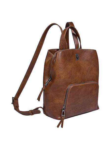 Interior de la mochila camel con tres bolsillos, perfecto para organizar pertenencias esenciales.