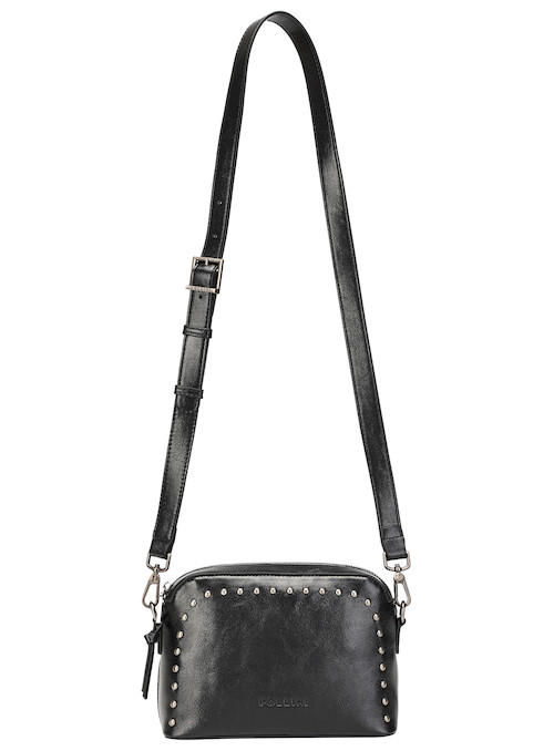 Bandolera negra con un diseño moderno, ideal para la mujer contemporánea y sus actividades diarias.