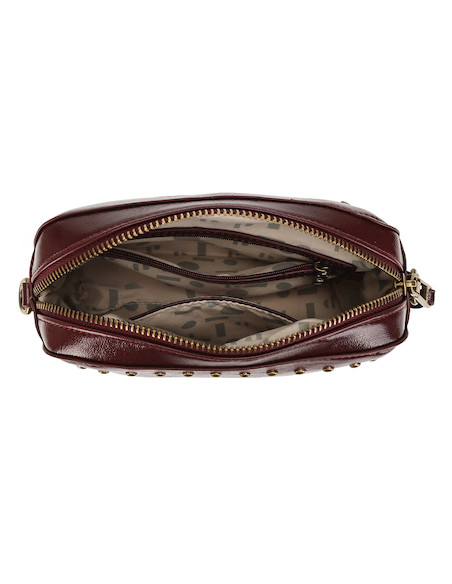 Bandolera burdeos de PU para mujer, estilo casual, con detalles dorados y acabado brillante.