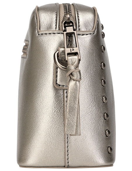 Vista lateral del bolso Pollini en acero con detalles decorativos, perfecto para la mujer moderna.