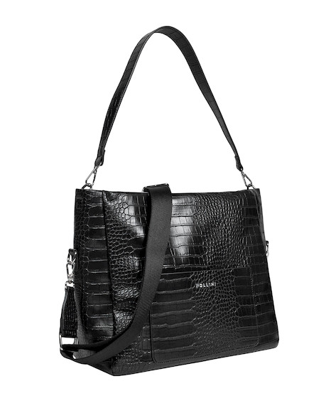 Tote bag negro de mujer con acabado charol, perfecto para complementar atuendos casuales y modernos.