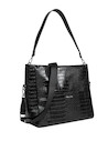 Tote bag negro de mujer con acabado charol, perfecto para complementar atuendos casuales y modernos.