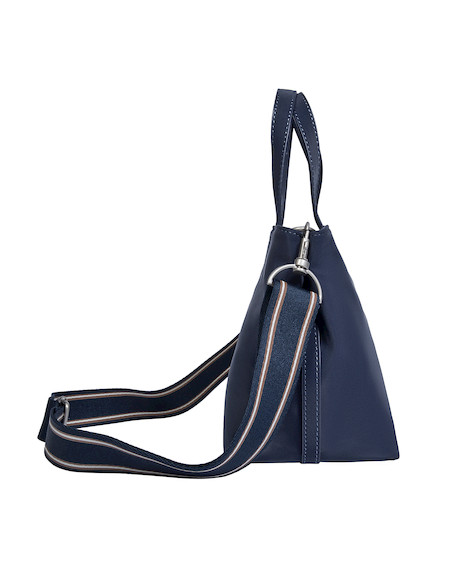 Bolso casual azul con acabado brillante, combina funcionalidad y estilo para el día a día.