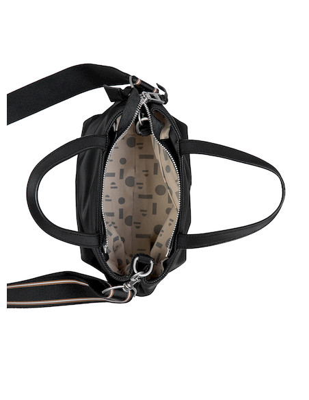 Accesorio femenino negro, bandolera de nylon suave con tres bolsillos para una mejor organización.