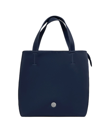 Vista lateral de bandolera azul para mujer, con strap ajustable y cierre metálico elegante.