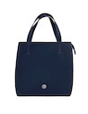 Vista lateral de bandolera azul para mujer, con strap ajustable y cierre metálico elegante.