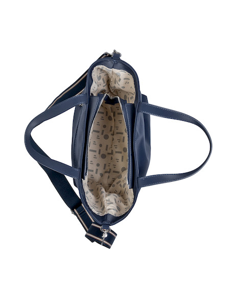 Detalles en PU de la bandolera azul para mujer, resaltando su estilo casual y sofisticado.