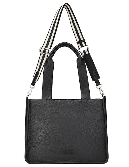 Tote bag de mujer en negro, con tirantes ajustables y cierre metálico, adecuado para cualquier ocasión casual.
