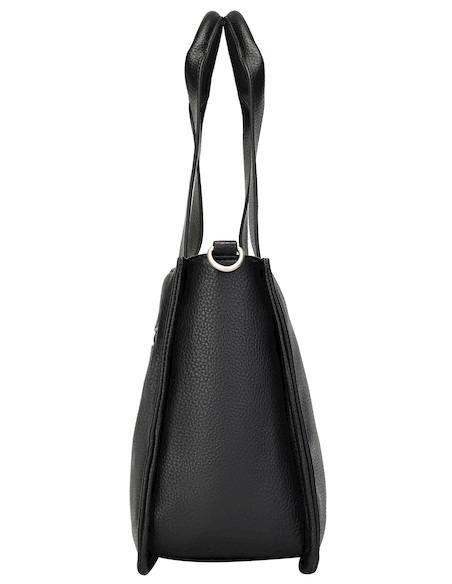 Tote bag negro para mujer, diseño elegante con dos bolsillos, perfecto para combinar con outfits casuales.
