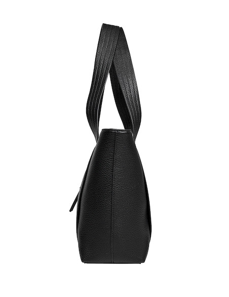 Tote bag negro con textura graneada, diseño estructurado, perfecto para llevar laptop y esenciales.