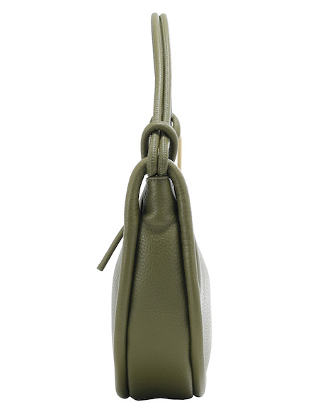 Accesorio femenino verde oliva con diseño curvilíneo y suave al tacto.