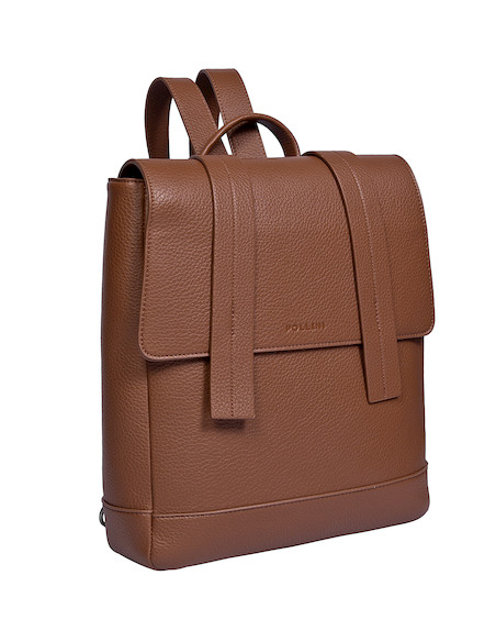 Vista del diseño contemporáneo de mochila café con detalles elegantes.