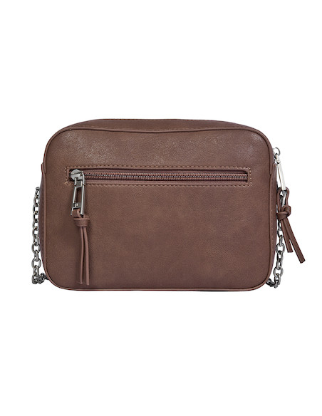 Vista trasera del bolso de mujer Pollini, resaltando la correa de cadena fija y su diseño elegante.