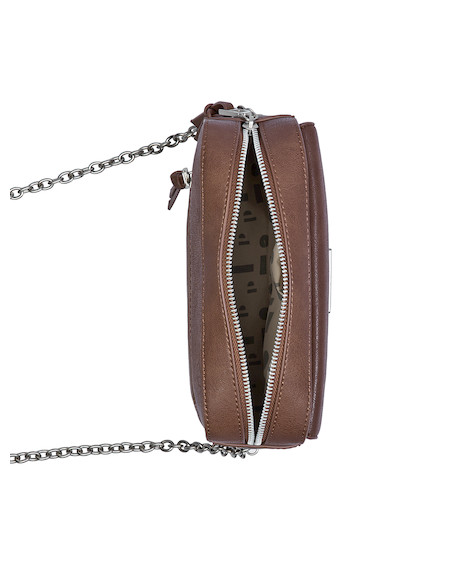 Bandolera café de mujer estilo casual, material PU, diseño contemporáneo con correa de cadena fija.