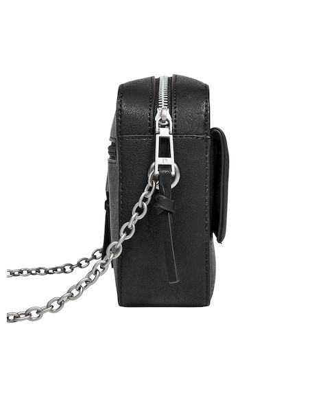 Vista lateral del bolso Pollini negro, mostrando su diseño elegante y funcional.