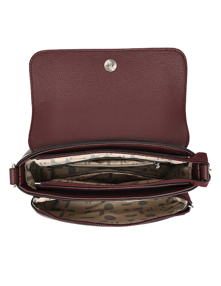 Bandolera burdeos de mujer en estilo casual, material PU graneado, ideal para uso diario y funcionalidad práctica.