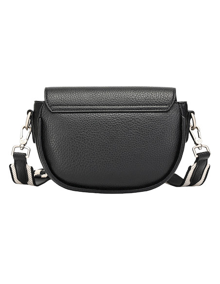 Detalles del bolso negro Pollini con correa ajustable de nylon y cierre metálico.