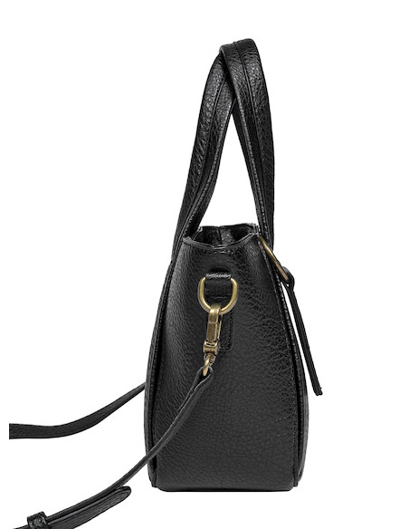 Vista lateral del bolso negro de mujer, diseño moderno con hebillas metálicas.