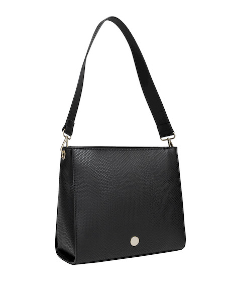 Tote bag de PU negro con textura, complemento esencial para la mujer moderna y segura de sí misma.