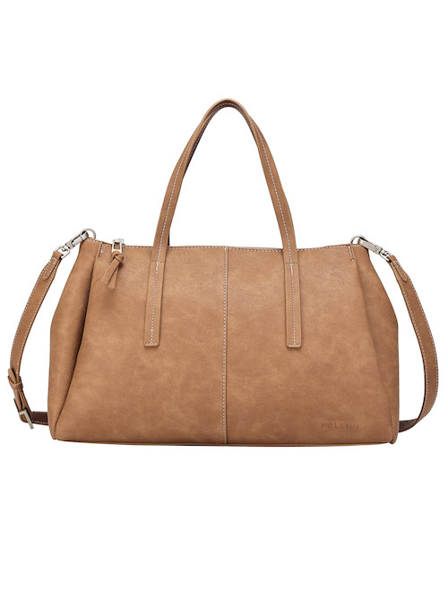 Tote bag versátil en tono camel, con detalles prácticos y diseño contemporáneo para el día a día.