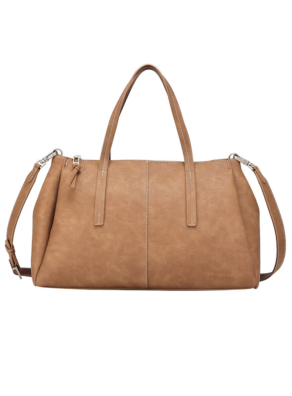 Tote bag versátil en tono camel, con detalles prácticos y diseño contemporáneo para el día a día.