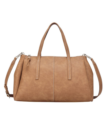 Tote bag versátil en tono camel, con detalles prácticos y diseño contemporáneo para el día a día.
