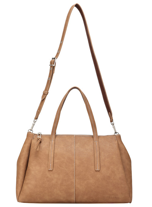 Tote bag versátil en tono camel, con detalles prácticos y diseño contemporáneo para el día a día.