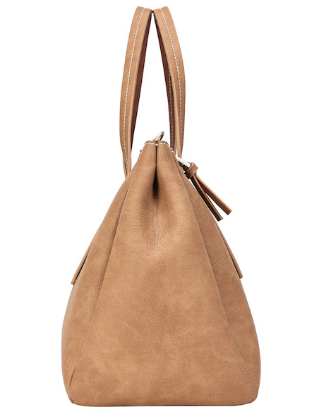Tote bag de PU en color camel, con strap ajustable y tres bolsillos, perfecto para el trabajo.