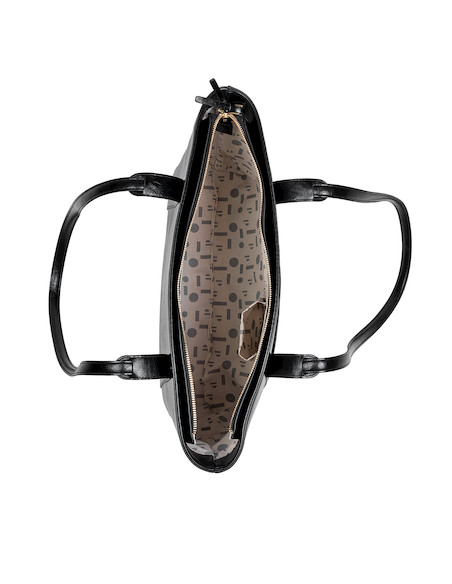 Tote bag negro brillante de PU, ideal para la mujer moderna con múltiples bolsillos.