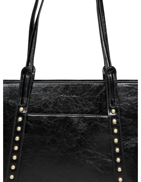 Bolso Tote negro de PU para mujer, diseño casual con cierre metálico y detalles de perlas.