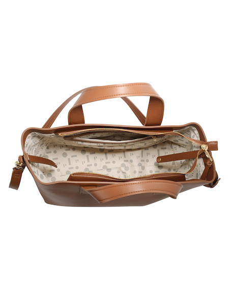 Tote bag de PU en tono camel, diseño funcional con strap ajustable y extraíble.