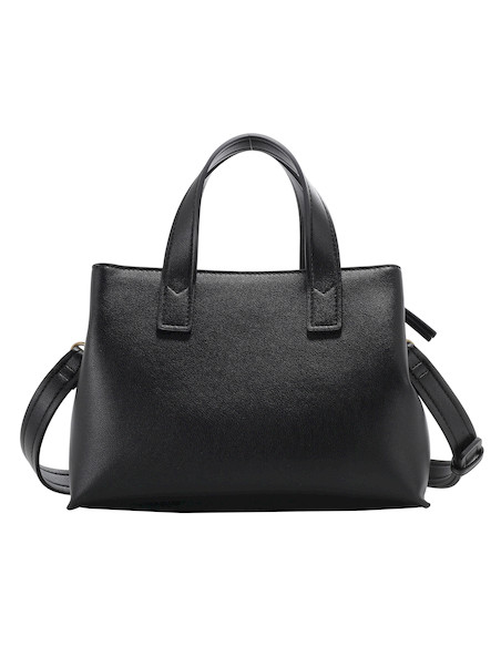 Perspectiva del bolso Pollini negro mostrando su capacidad, apto para documentos y laptop.