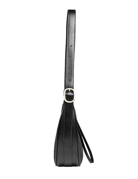Cartera negra para mujer con correa ajustable, versátil para diferentes estilos.