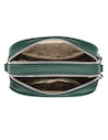 Bandolera verde bosque profundo de mujer con acabado graneado y correa de tela blanca y negra.
