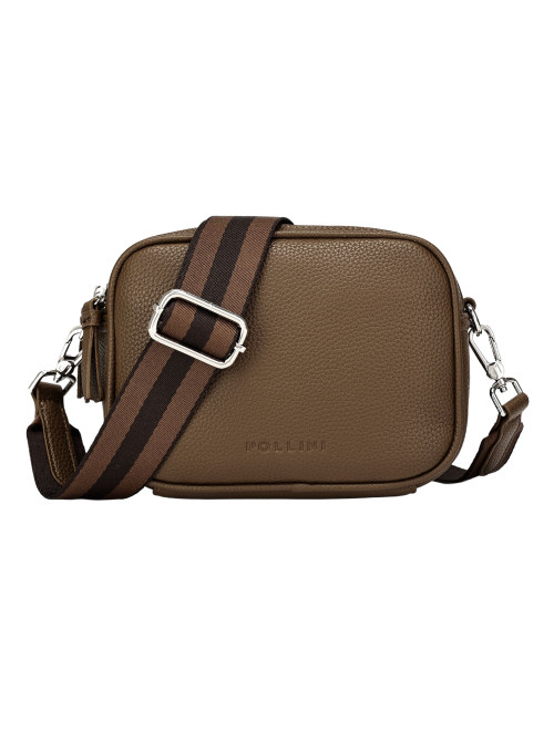 Bandolera café moka de mujer con diseño contemporáneo y correa ancha en tonos chocolate y gris.
