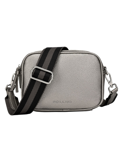 Bandolera gris metalizado iridiscente para mujer, estilo casual, con acabado satinado y diseño elegante.
