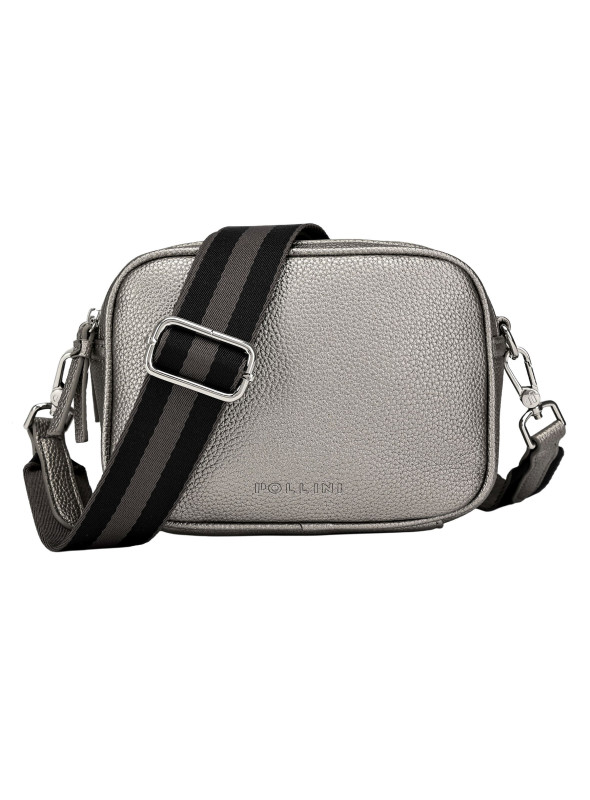 Bandolera gris metalizado iridiscente para mujer, estilo casual, con acabado satinado y diseño elegante.